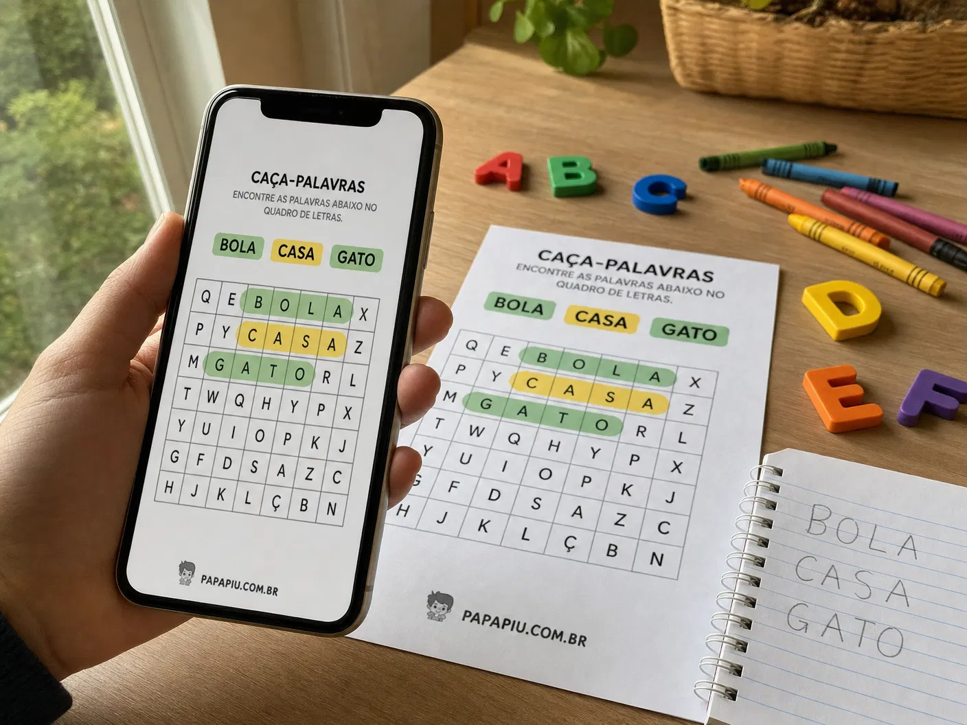 Mão segurando celular com caça-palavras de alfabetização na tela, mesa com giz de cera, caderno e folha impressa com atividade