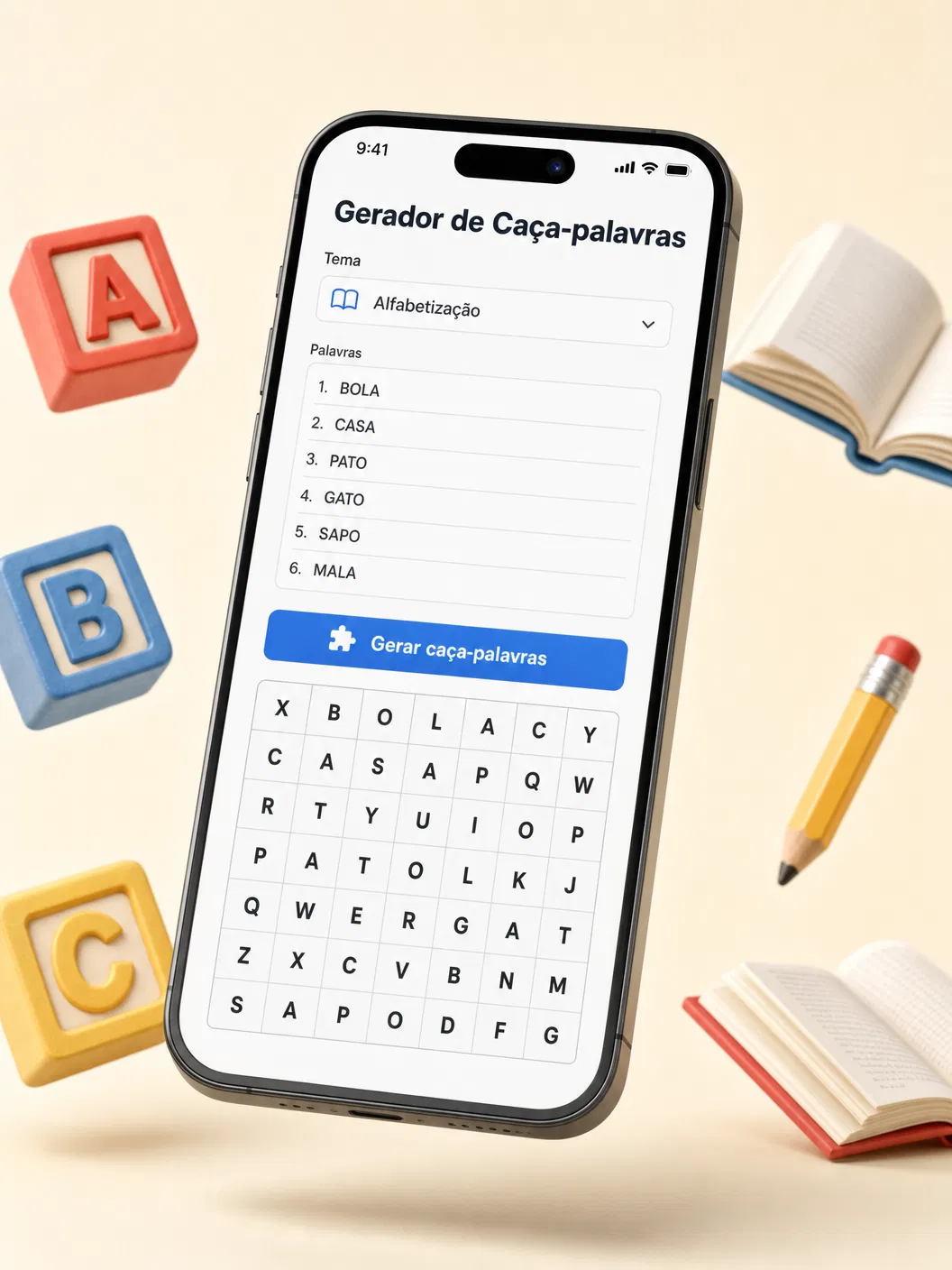 Mockup da ferramenta de caça-palavras no celular mostrando tema Alfabetização com palavras BOLA, CASA, PATO, GATO, SAPO, MALA e grade de letras