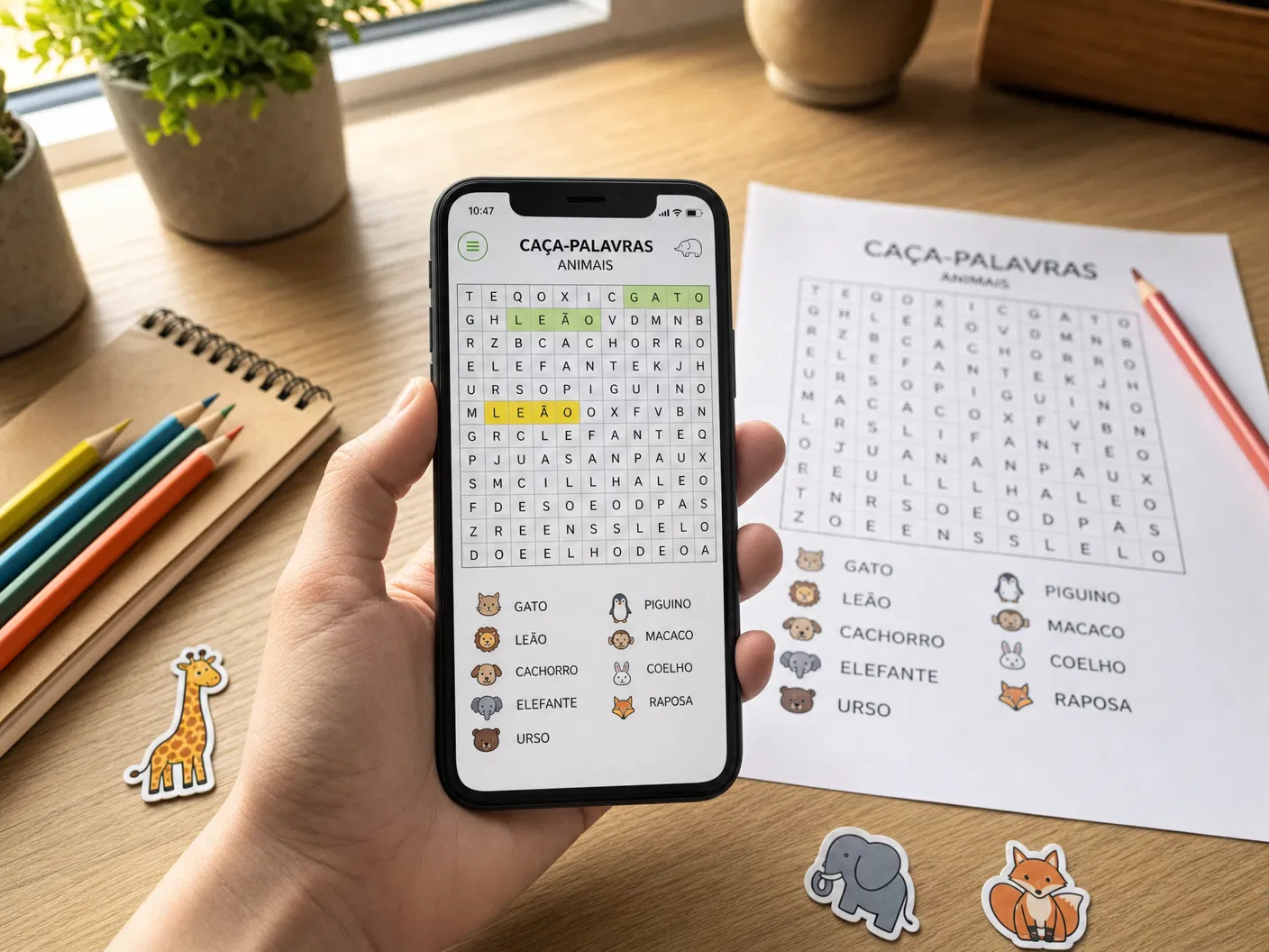 Mão usando celular com caça-palavras de animais na tela, mesa com lápis coloridos, caderno e folha impressa com atividade de animais