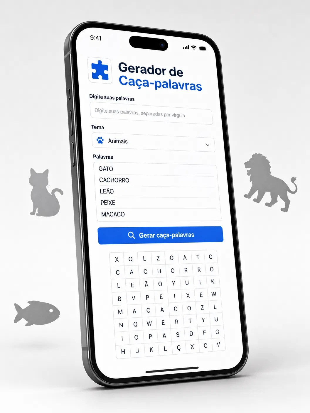 Mockup da ferramenta de caça-palavras no celular mostrando tema Animais com palavras GATO, CACHORRO, LEÃO, PEIXE, MACACO e grade de letras