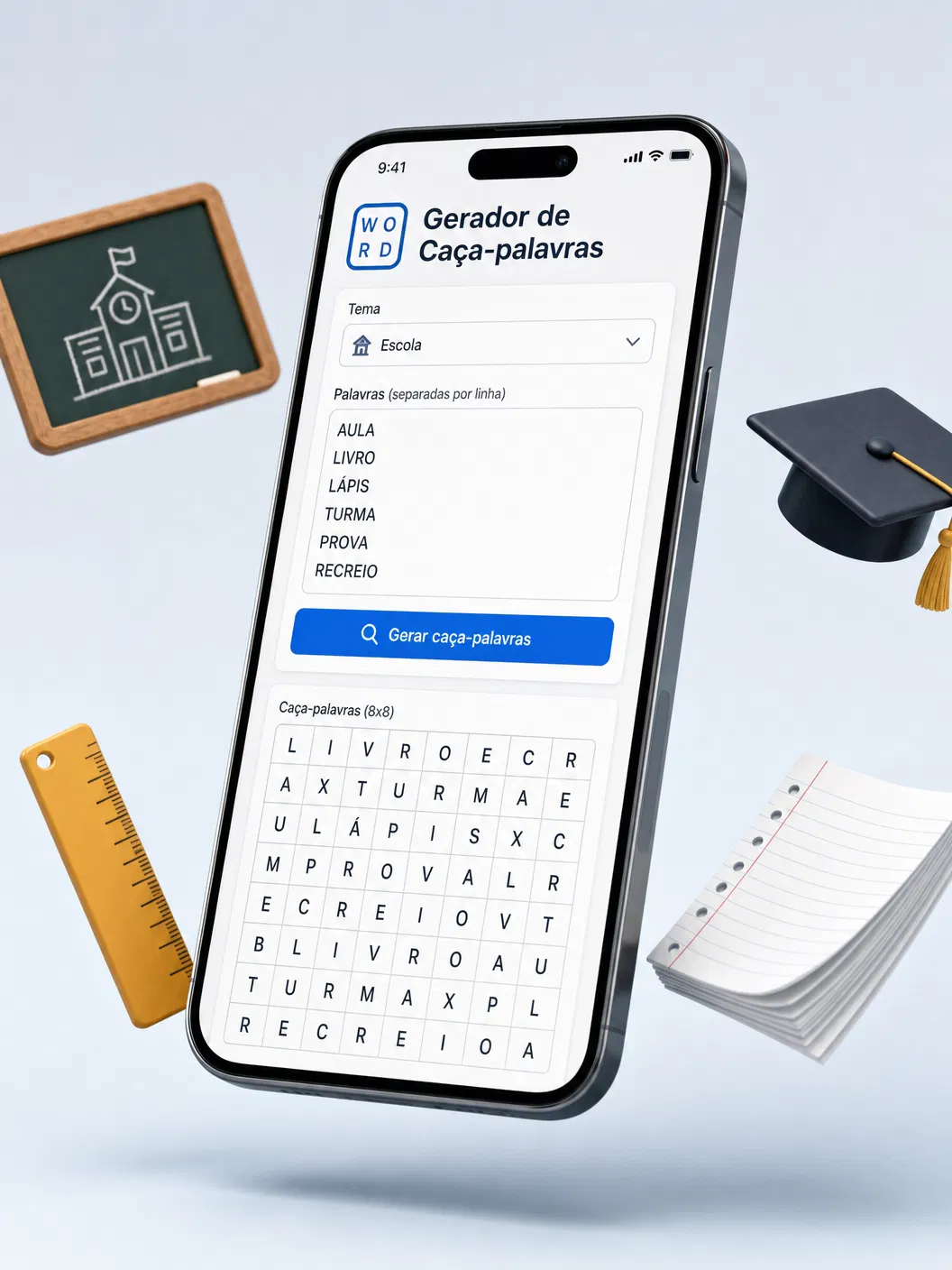 Mockup da ferramenta de caça-palavras no celular mostrando tema Escola com palavras AULA, LIVRO, LÁPIS, TURMA, PROVA, RECREIO e grade de letras
