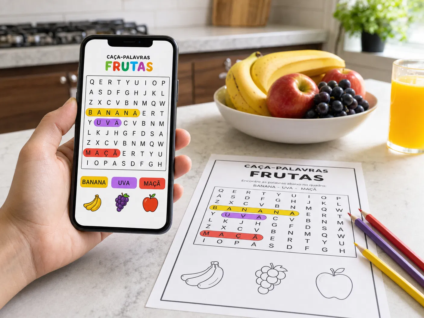 Mão segurando celular com caça-palavras de frutas na tela, bancada de cozinha com frutas frescas, folha impressa e lápis coloridos