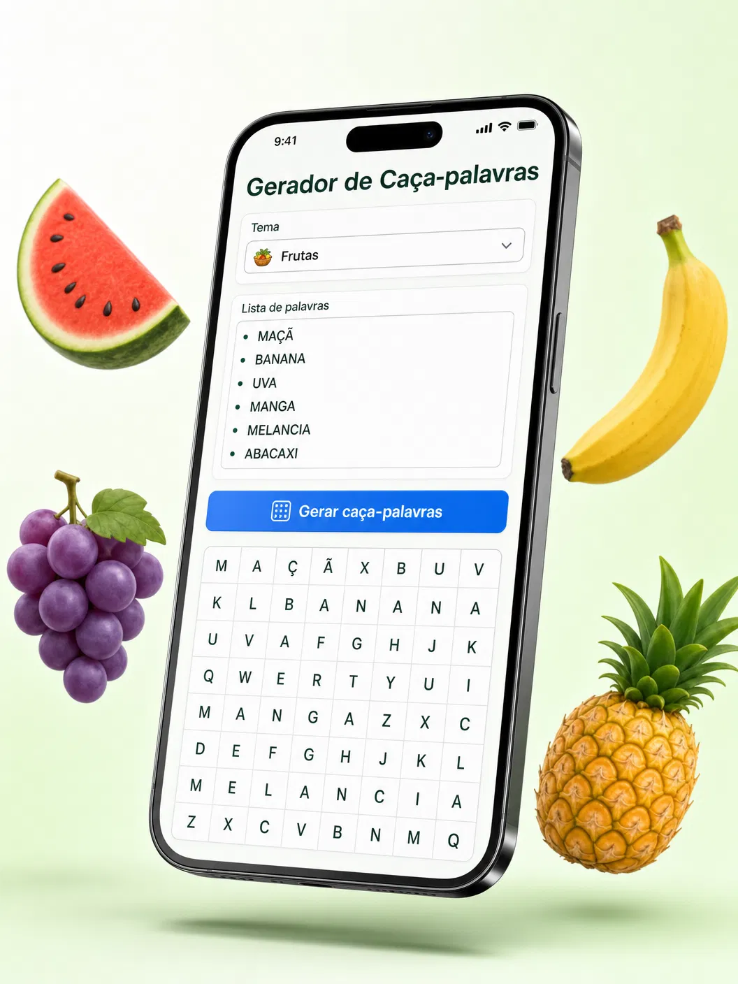 Mockup da ferramenta de caça-palavras no celular mostrando tema Frutas com palavras MAÇÃ, BANANA, UVA, MANGA, MELANCIA, ABACAXI e grade de letras, com frutas decorativas ao redor
