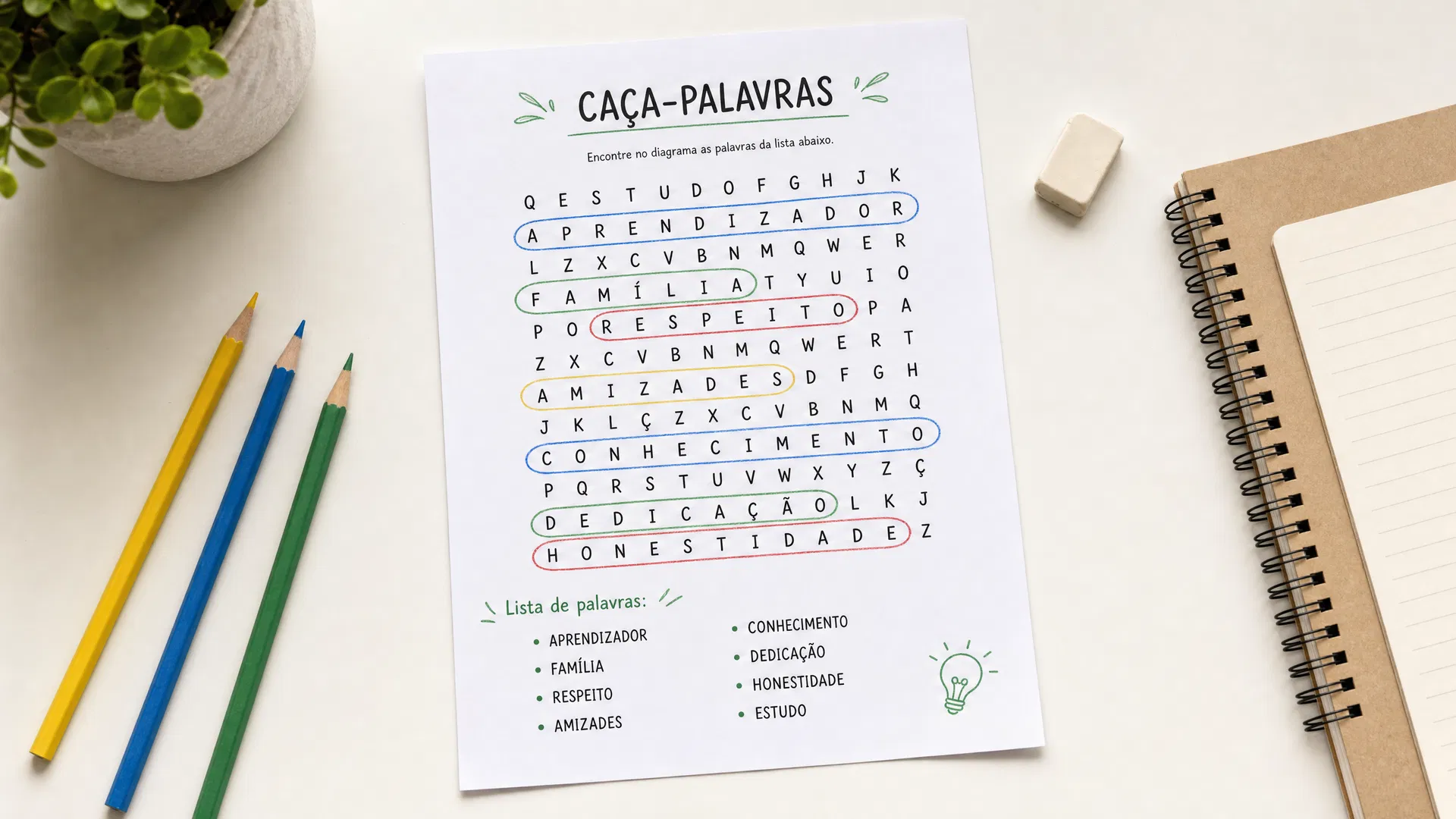 Mesa com atividade infantil impressa e material escolar