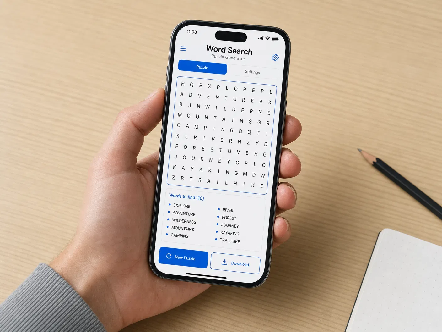 Celular com ferramenta de caça-palavras ao lado de lápis e material escolar