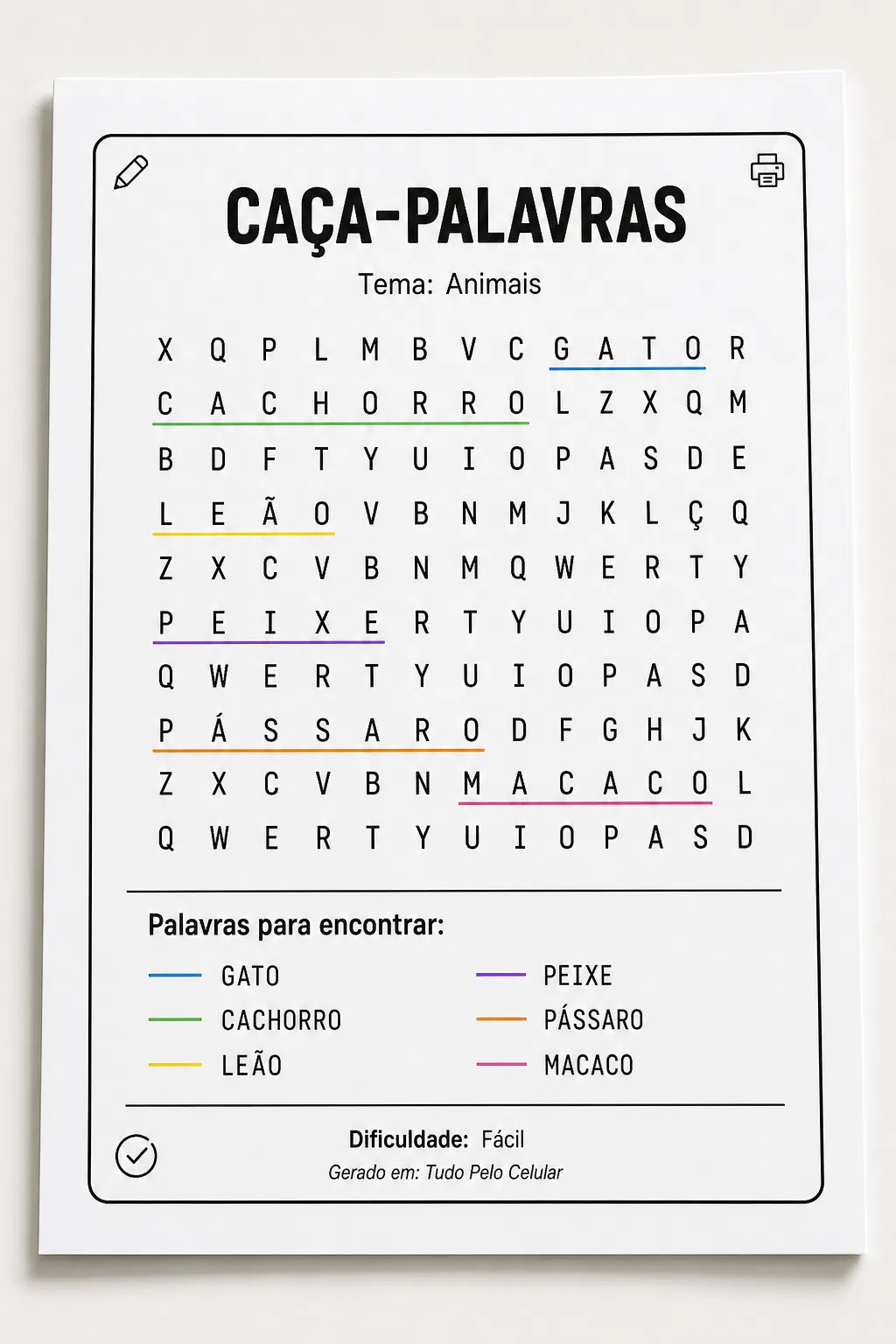 Exemplo visual de caça-palavras com lista de palavras de animais
