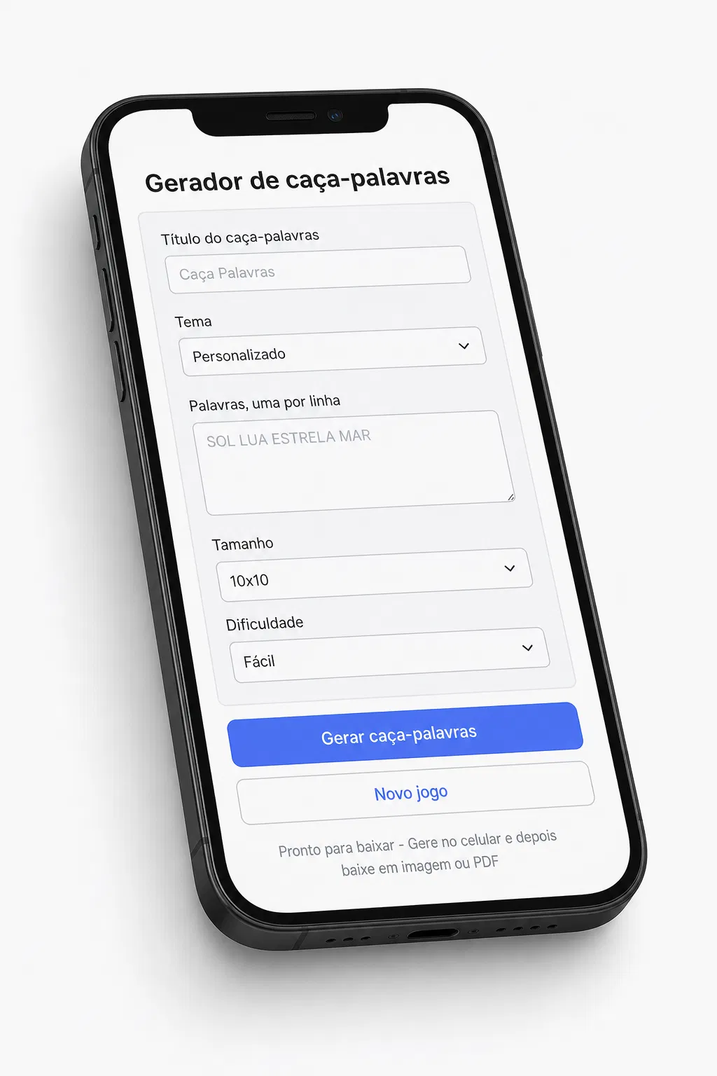 Tela de celular mostrando uma ferramenta para criar caça-palavras