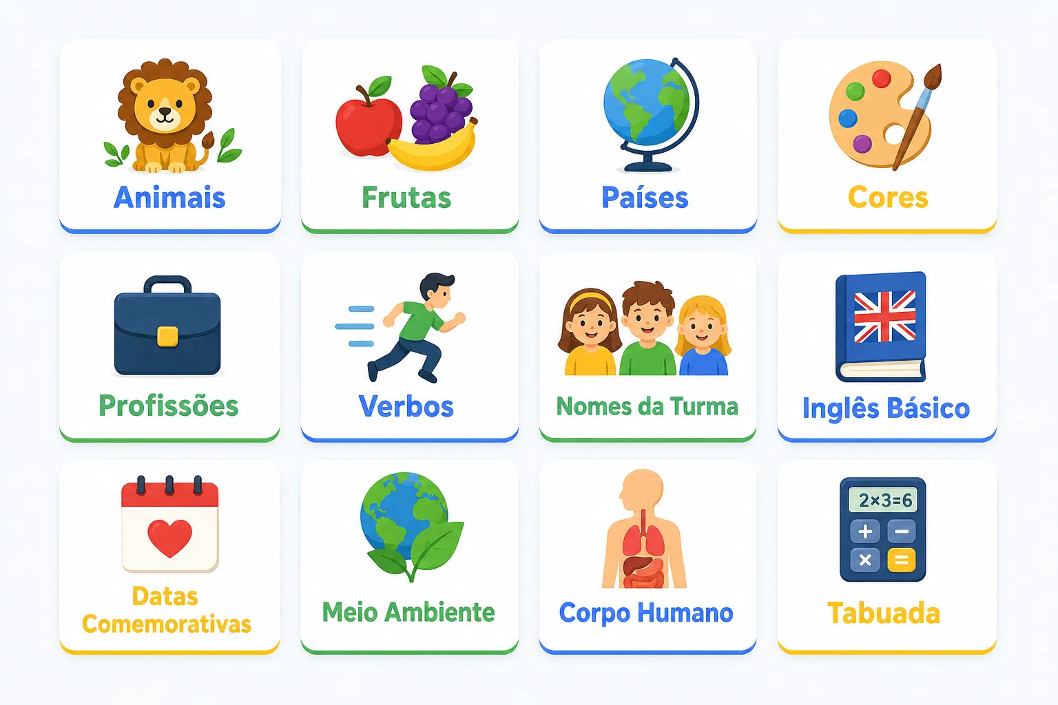 Quadro visual com ideias de temas para criar caça-palavras, como animais, frutas e países