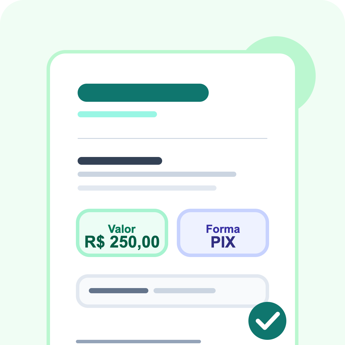 Ilustração de recibo de pagamento com valor, forma de pagamento e confirmação visual