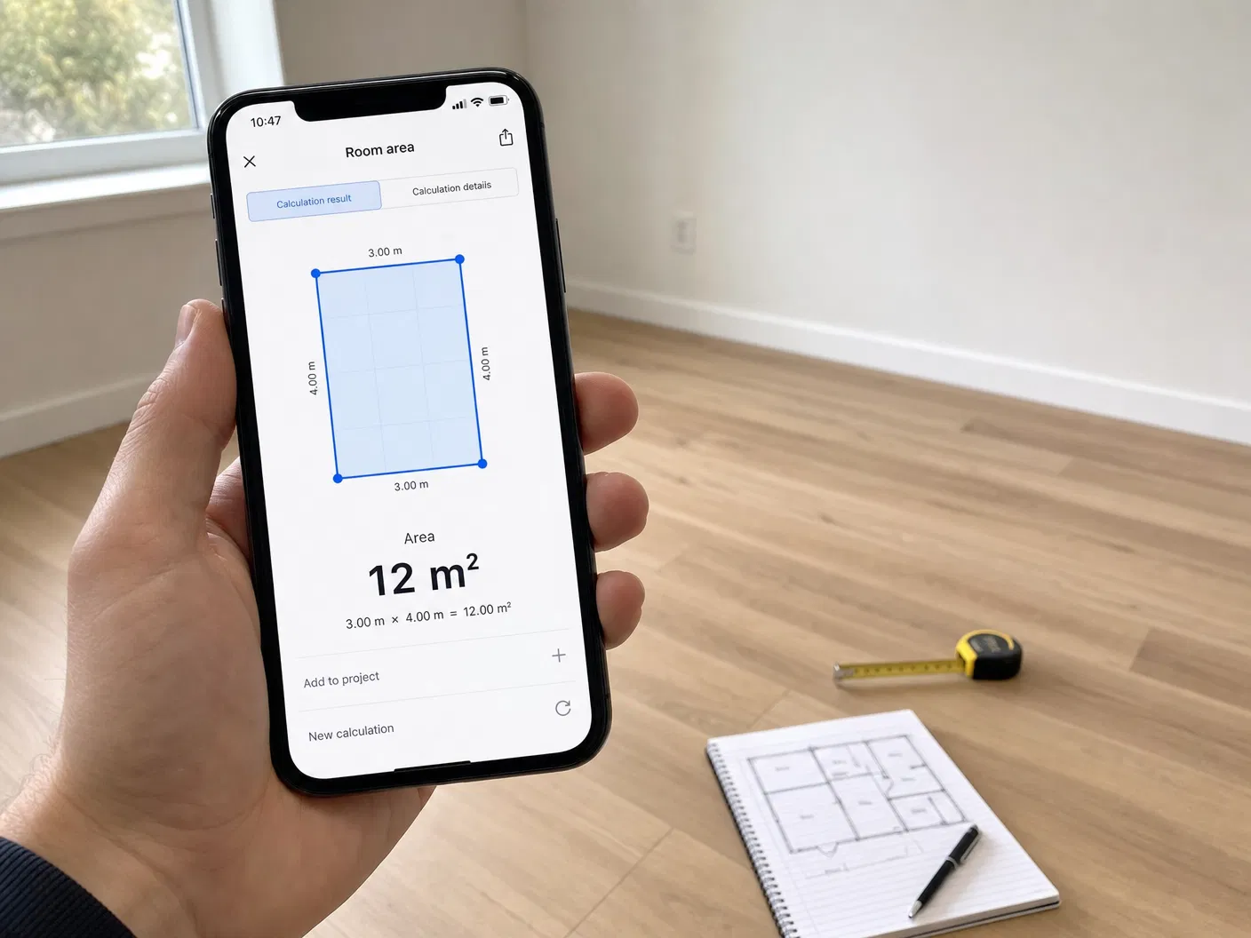Mão usando celular com calculadora de ambiente mostrando 12m², cômodo vazio com piso de madeira, trena no chão e caderno com planta baixa