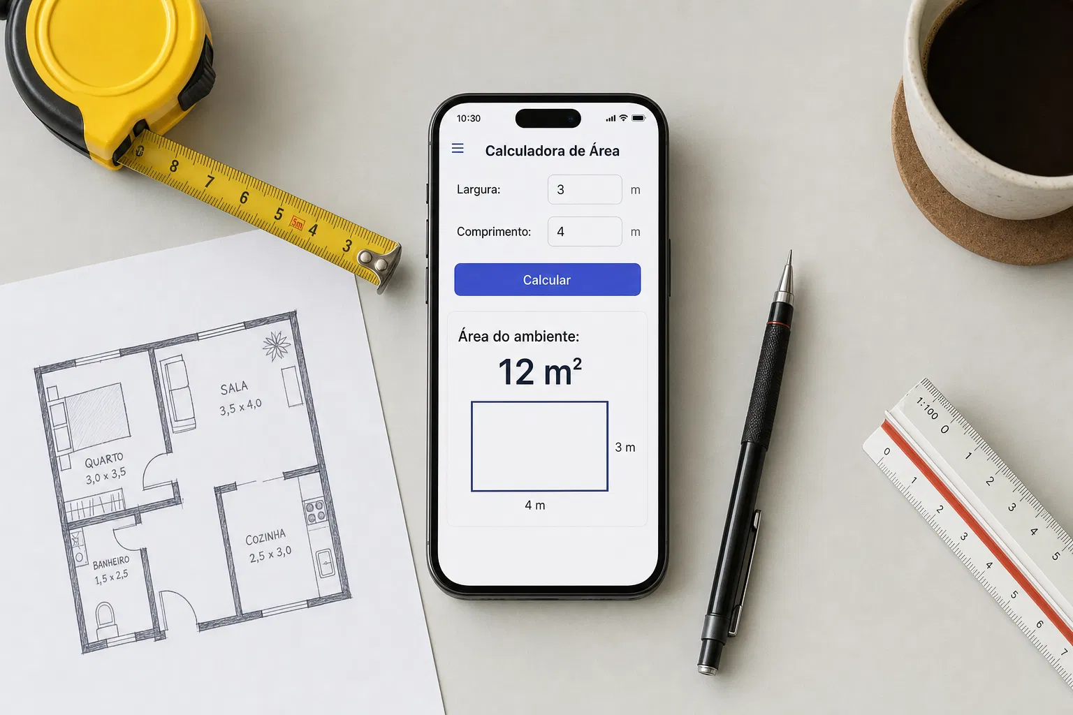 Celular com calculadora de ambiente mostrando 12m², planta baixa de apartamento, trena, caneta e xícara de café sobre mesa cinza