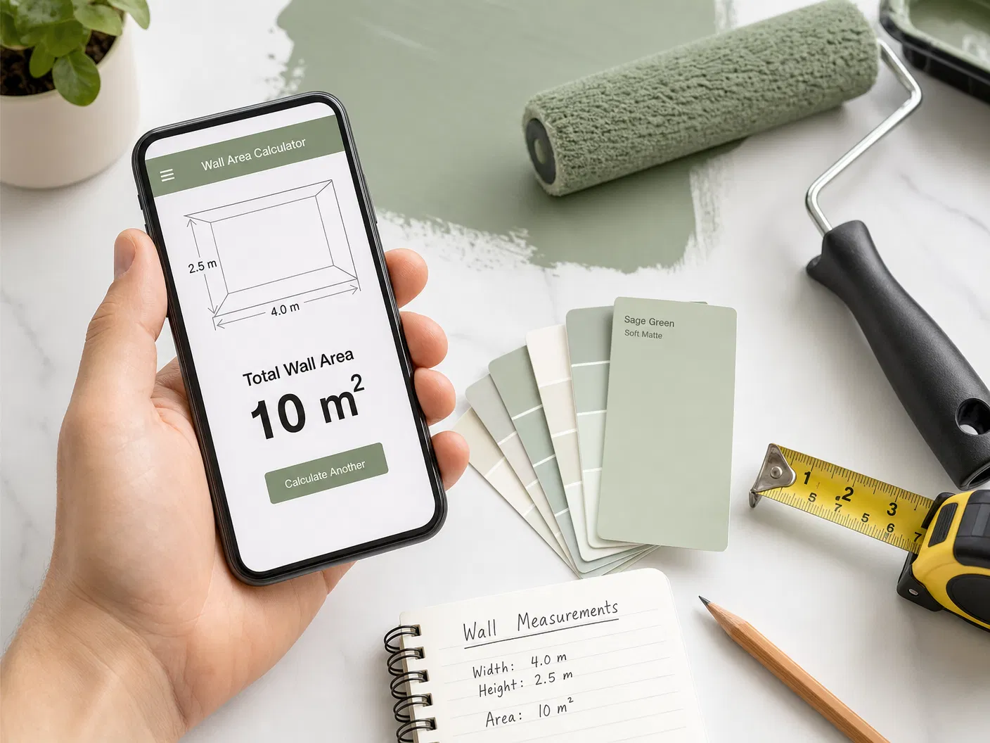 Celular com cálculo de parede, trena, rolo de tinta, amostra de cor e caderno de medidas