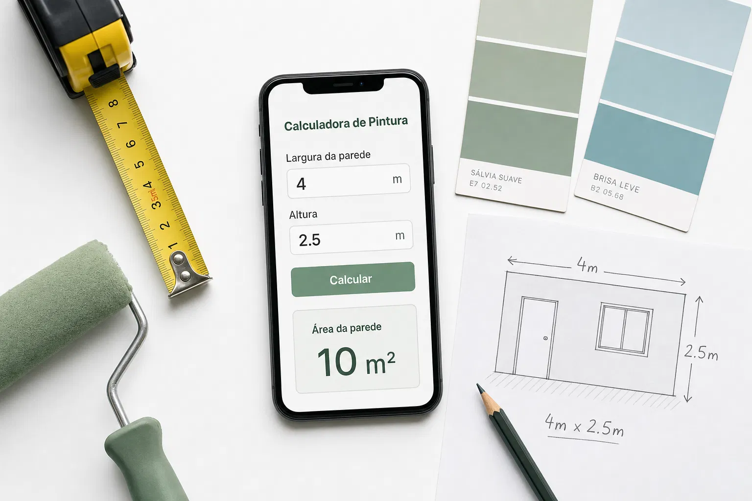 Celular com calculadora de parede mostrando 10m², rolo de tinta verde, amostras de cor e trena sobre mesa branca