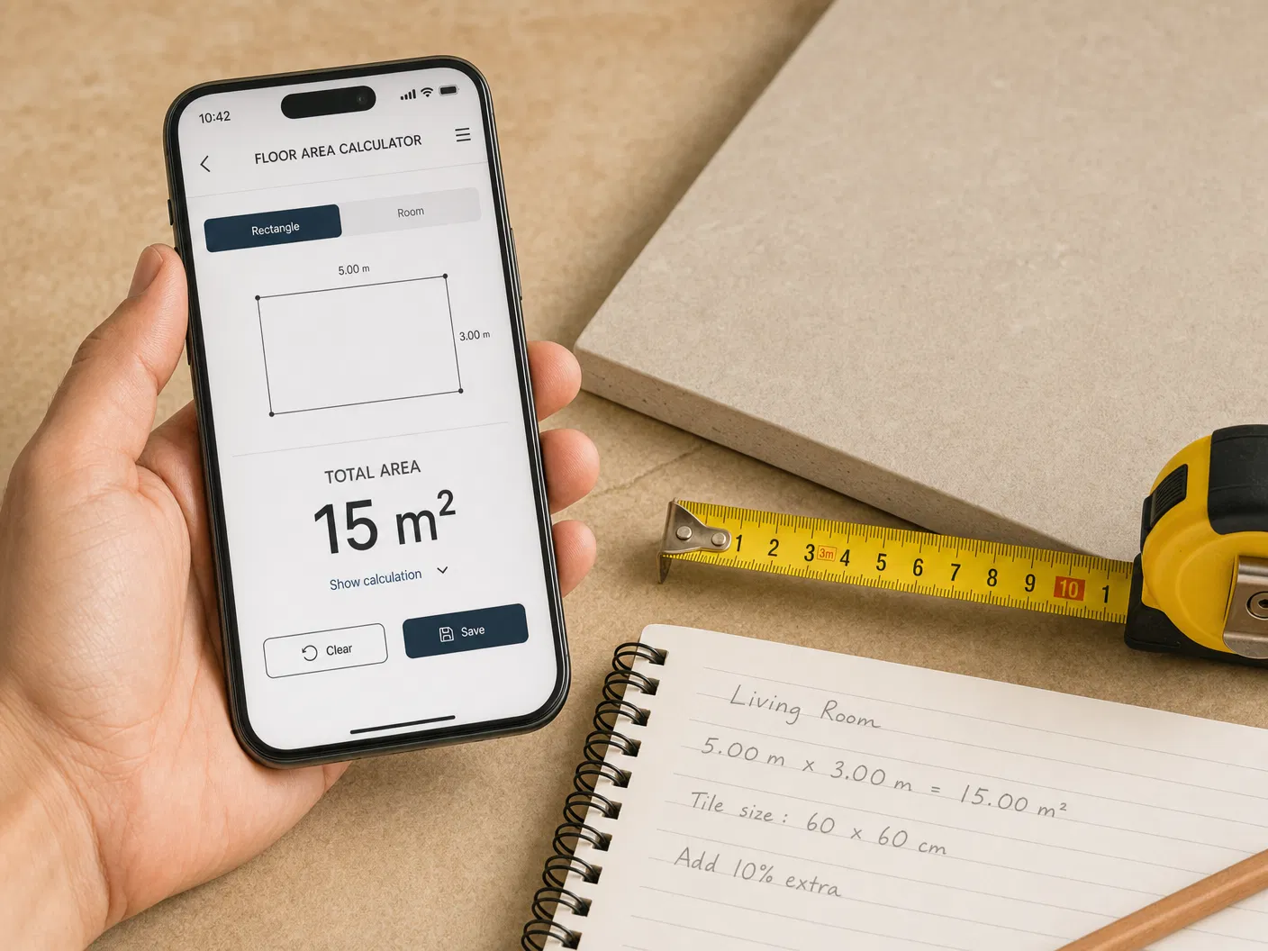 Celular com cálculo de piso, trena, amostra de porcelanato e caderno de medidas