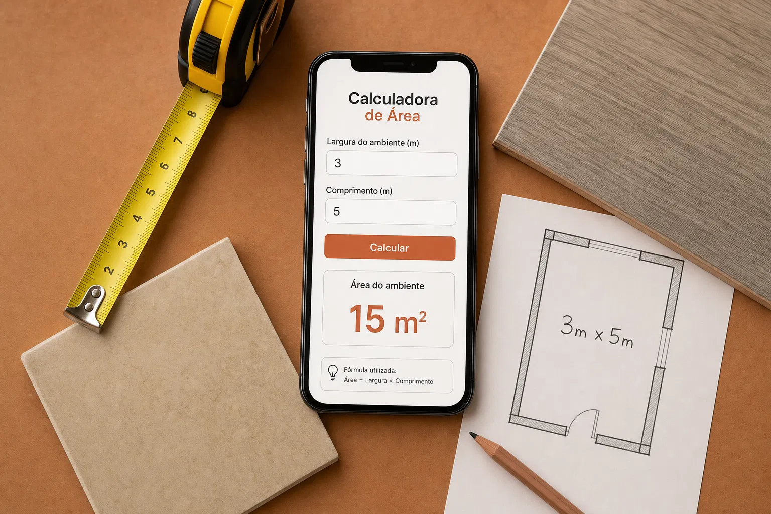Celular com calculadora de piso mostrando 15m², trena, amostras de porcelanato e planta baixa sobre mesa