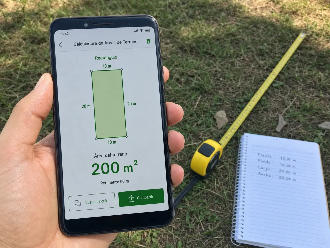 Mão usando celular com calculadora de terreno mostrando 200m², trena no gramado e caderno de medidas