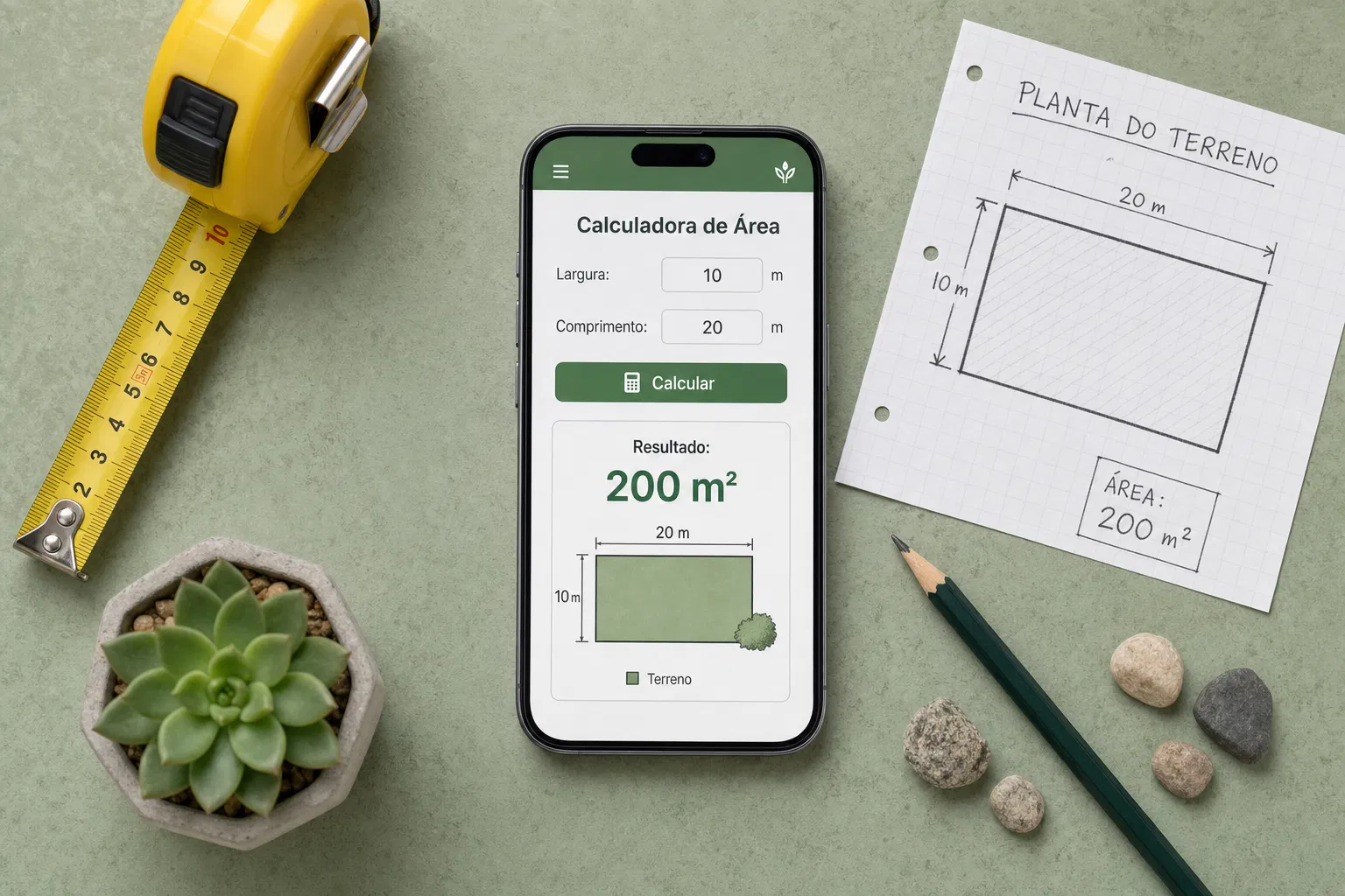 Celular com calculadora de terreno mostrando 200m², trena, planta de lote desenhada, suculenta e pedras sobre mesa verde