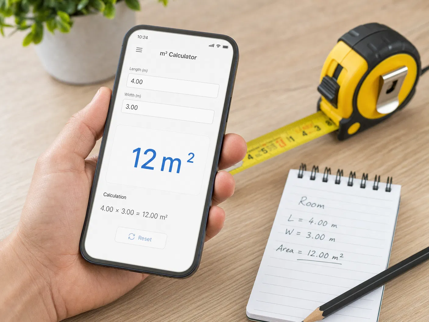 Mão usando celular com calculadora de m² aberta, trena e caderno de medidas numa mesa