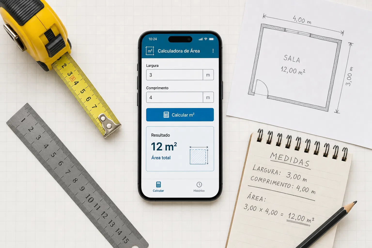Celular com calculadora de metro quadrado, trena, régua e caderno de medidas sobre mesa com papel quadriculado